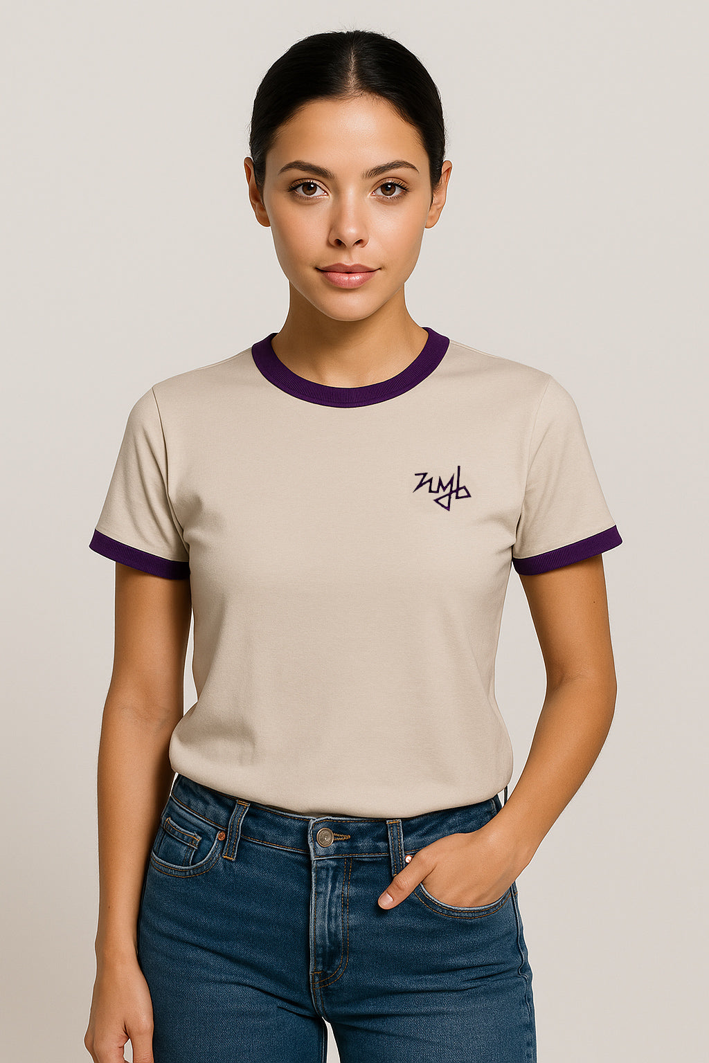 embroidered contrast tee - taupe purple